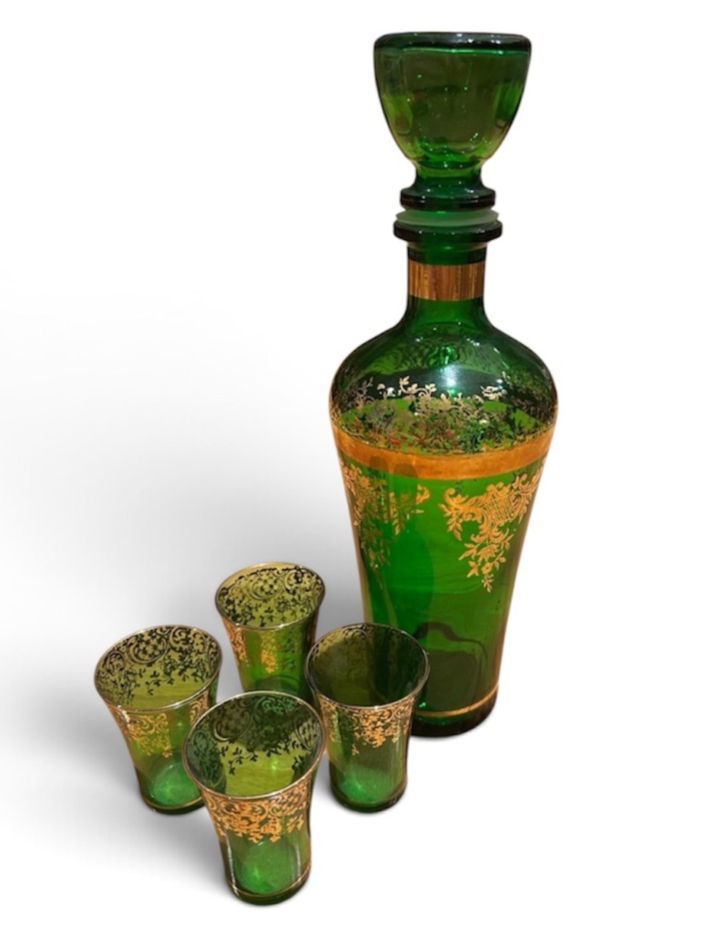 Vintage Green Glass Decanter Set with Gold Filigree
